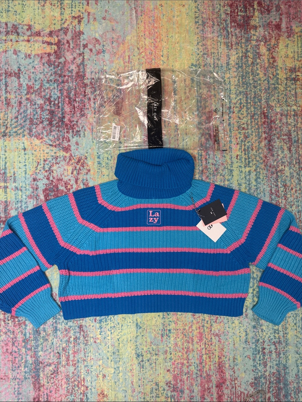 Lazy Oaf Blue & Pink Striped Turtleneck Sweater